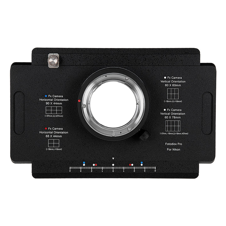 Fotodiox Pro Lens Mount adapter - Nikon Nikkor F Mount D/SLR to Large Format 4x5 View Cameras with a Graflok Rear Standard (with Shift / Stitch Adapter) (NikF-4x5-Pro)