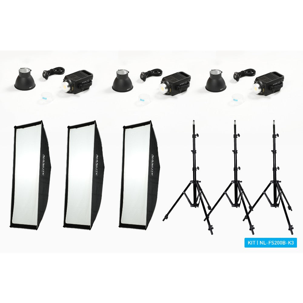 Nanlite FS200 Bi-colour LED triple kit (mit Lichtstativ und Softbox)