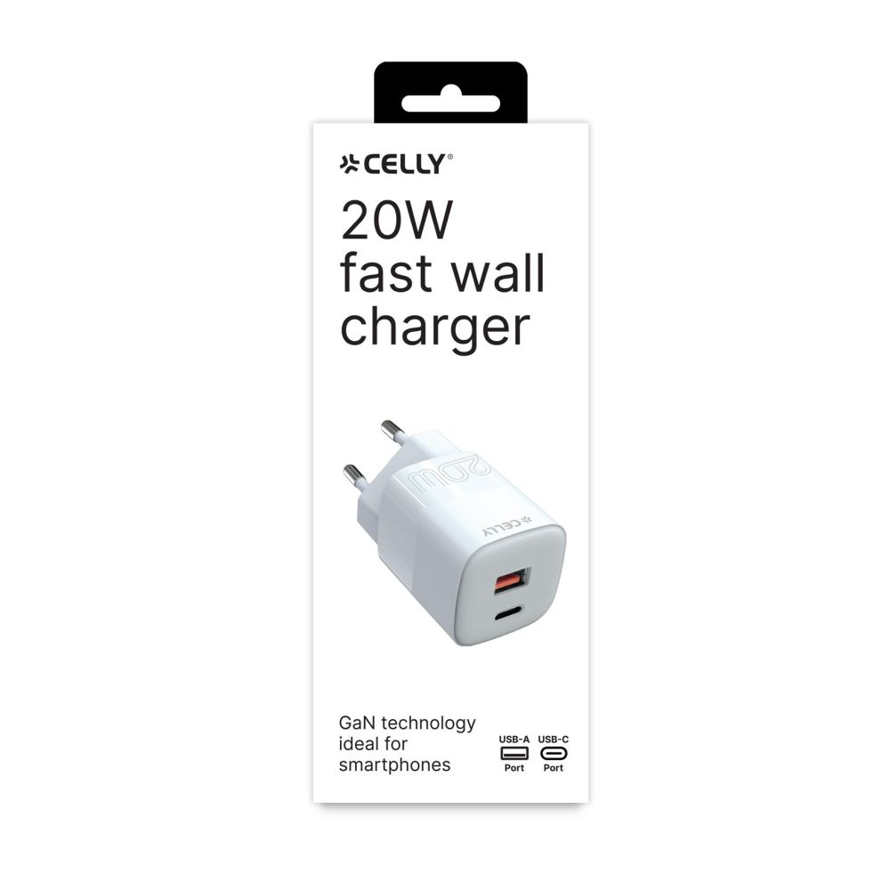 Celly Wandladegerät 1 USB-A / 1 USB-C, 20W, weiß