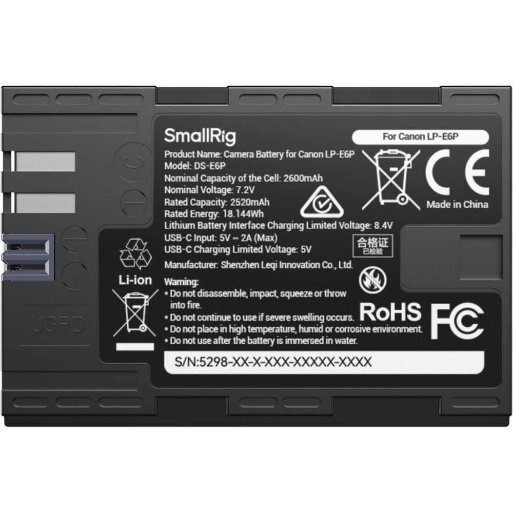 SmallRig 5298 Canon LP-E6P USB-C Kameraakku mit Leistungsanzeige